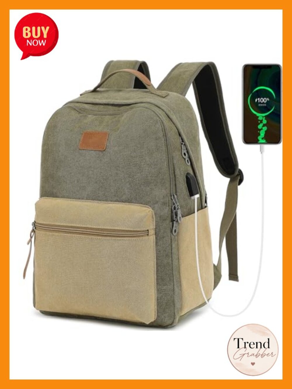 Waterproof Canvas Backpack for College Work Travel with USB Port, 15.6 Inch